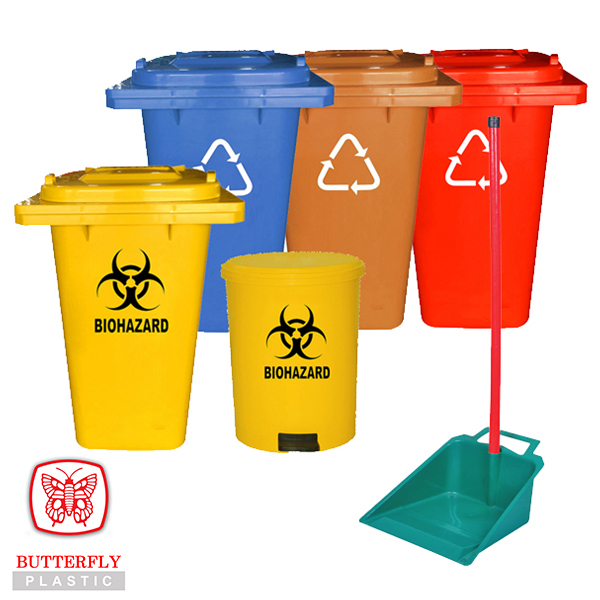 Outdoor plastic dustbins with lids, including biohazard bins