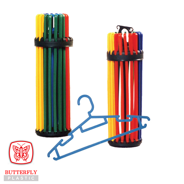 Plastic coat hangers bundled together