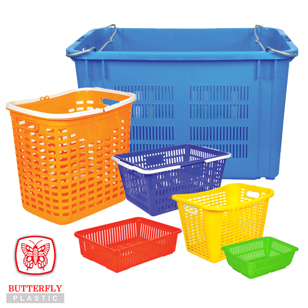 Rectangular plastic baskets and crates in various sizes