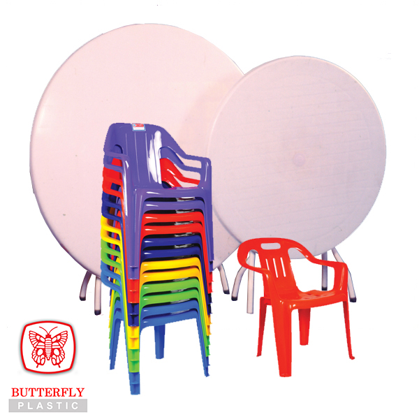 Plastic tables and stackable plastic chairs