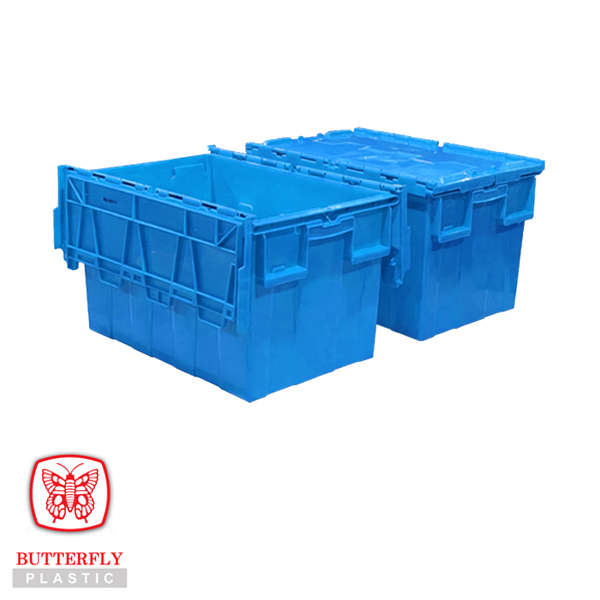 Stackable plastic tote boxes with hinged lids