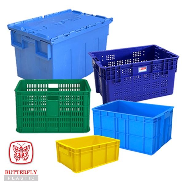Stackable plastic crates and totes in various sizes