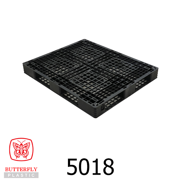 5018 Export-Grade Plastic Pallet — Rectangular pallet with a gridded.