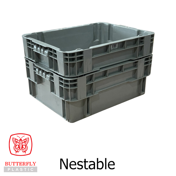 5504 Stackable & Nestable Crate — Rectangular crate with solid walls, open top, ribbed sides, cut-out hand grip.