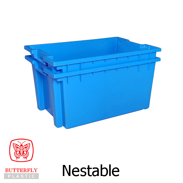 5571 Stackable & Nestable Crate — Rectangular container with solid ribbed walls, open top, notched/stepped rim.