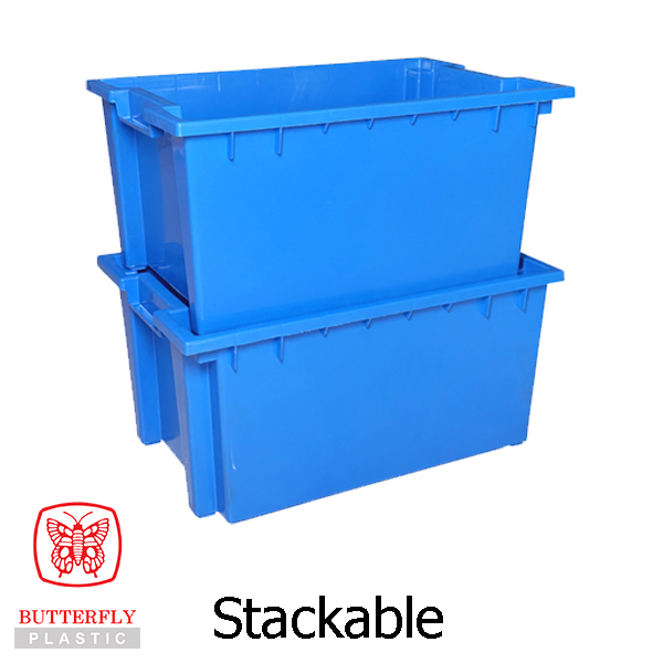 5571 Stackable & Nestable Crate — Rectangular container with solid ribbed walls, open top, notched/stepped rim.
