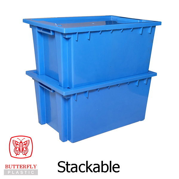 5571-C Stackable & Nestable Crate — Rectangular container with a flat lid resting on top, solid ribbed walls, notched rim.